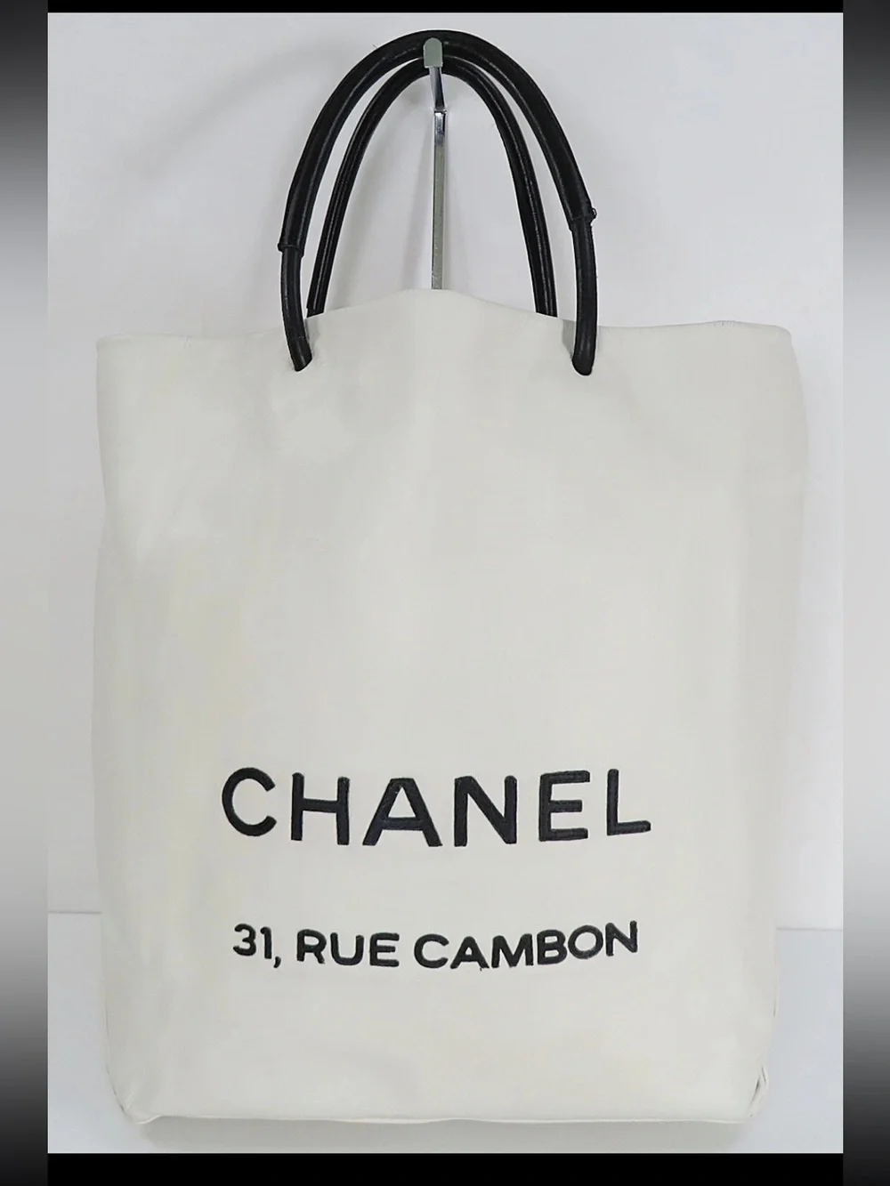 CHANEL White Canvas Tote with Black Handles and Logo